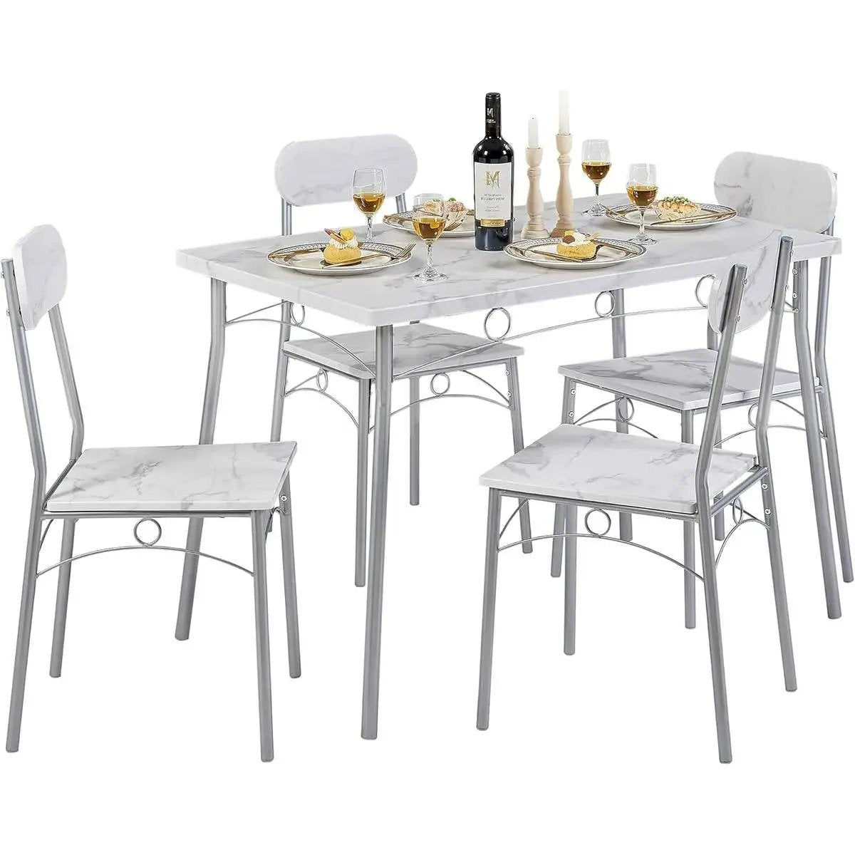 Modern 5-Piece Dining Set with White Faux Marble Top Table and 4 Chairs by HomePacific