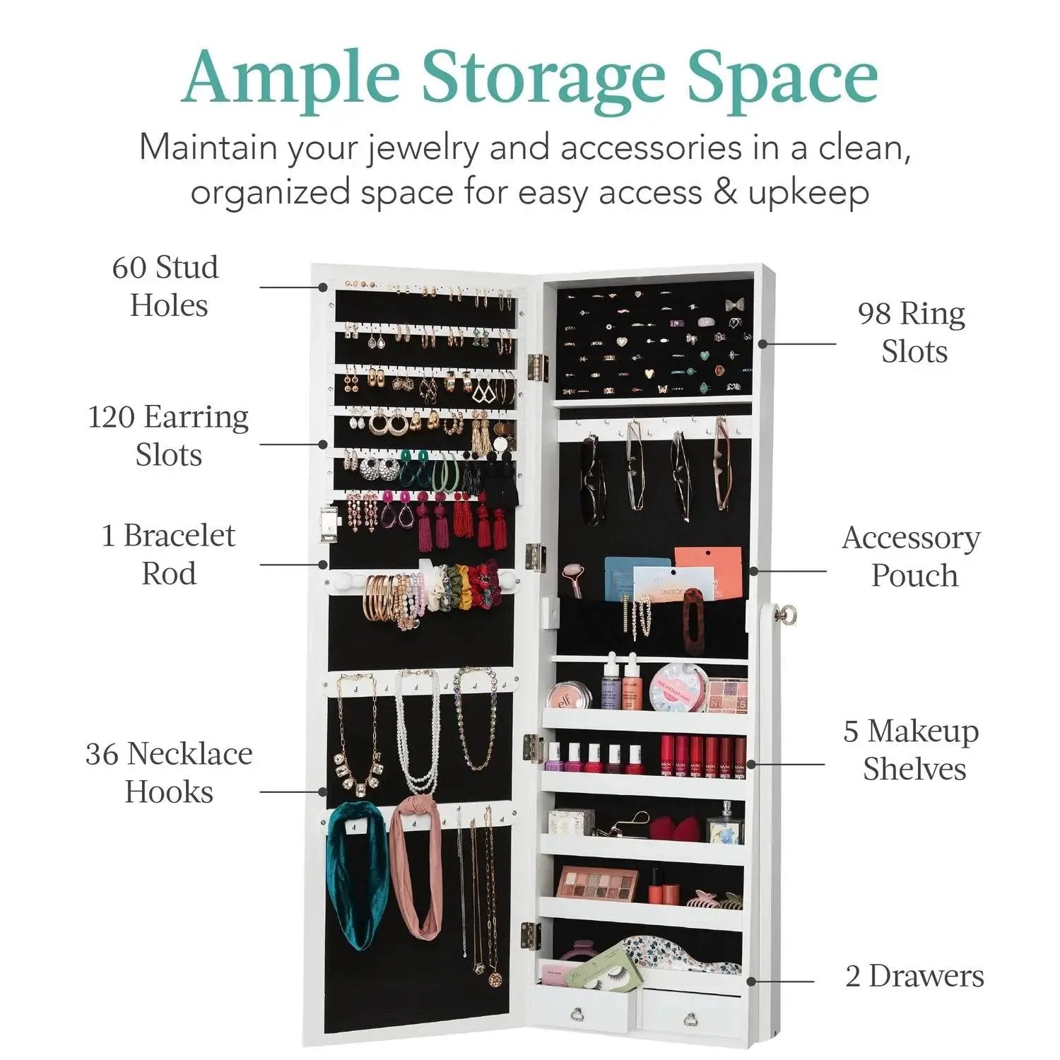 2-in-1 White Freestanding Mirror / Jewelry Organizer Armoire Cabinet by HomePacific