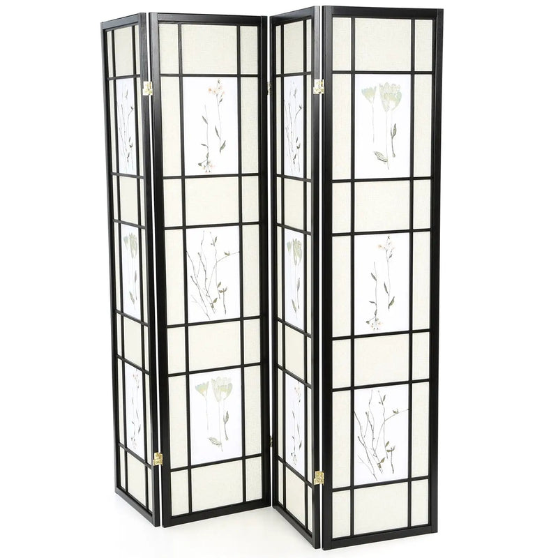 Black 4-Panel Room Divider Shoji Screen with Asian Floral Print by HomePacific