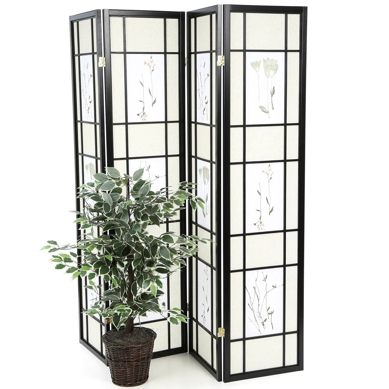 Black 4-Panel Room Divider Shoji Screen with Asian Floral Print by HomePacific