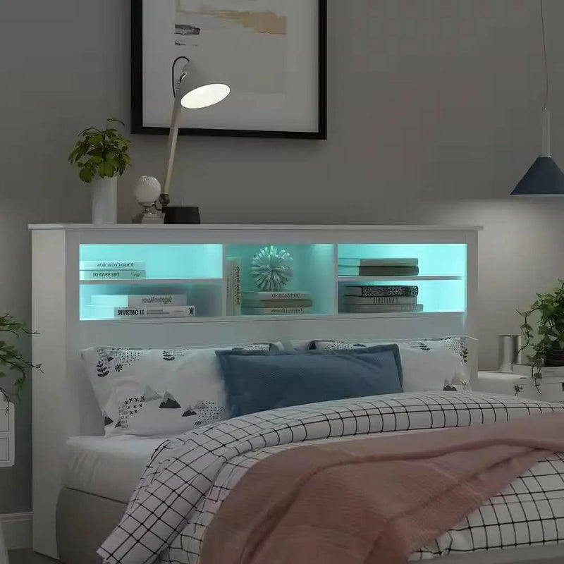 Full / Queen Modern Bookcase Headboard with LED Lights in White Wood Finish by HomePacific