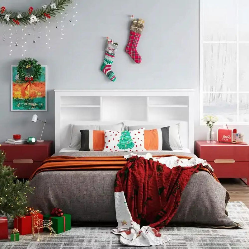 Full / Queen Modern Bookcase Headboard with LED Lights in White Wood Finish by HomePacific