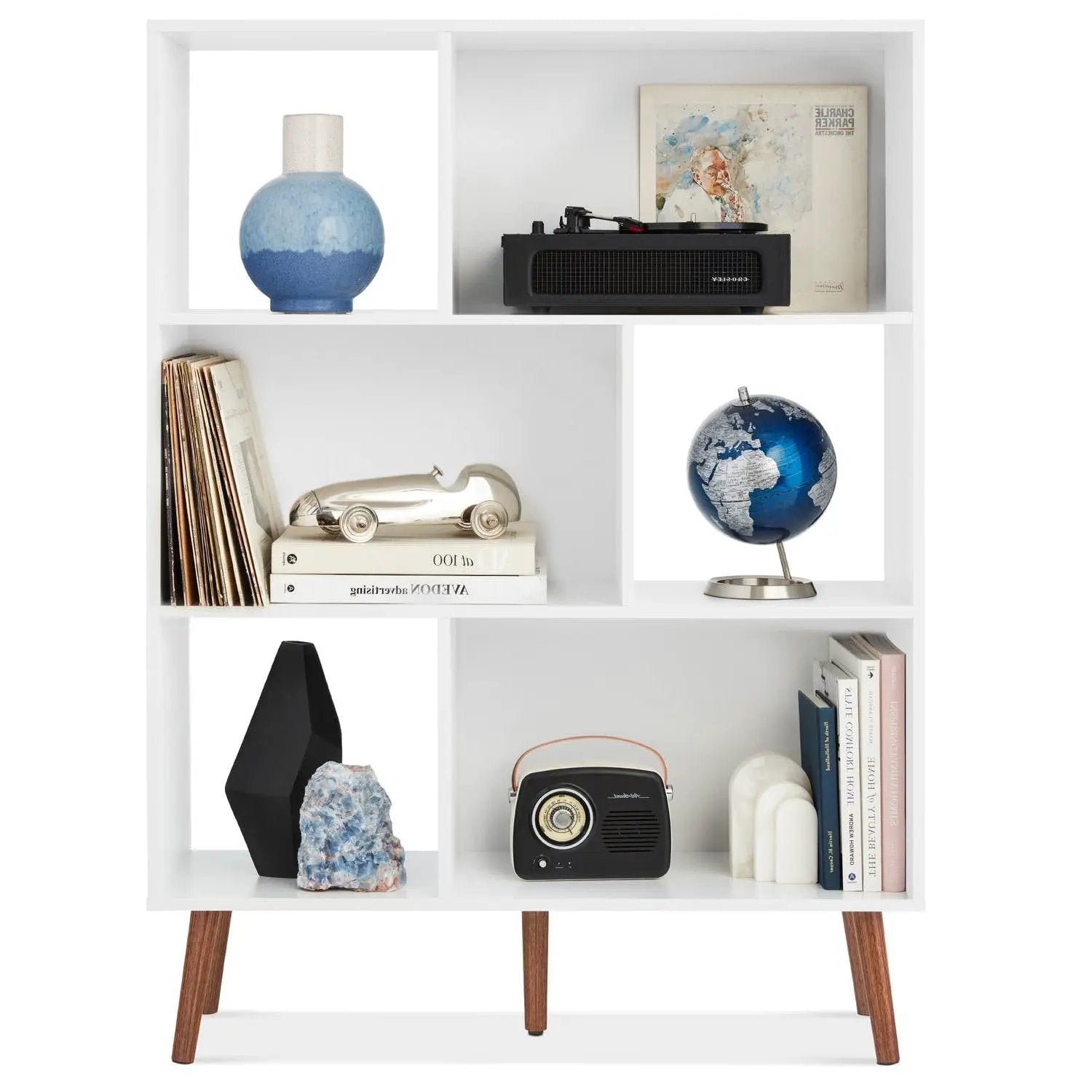Mid Century Modern Style Bookcase Storage Shelving Unit in White Wood Finish by HomePacific