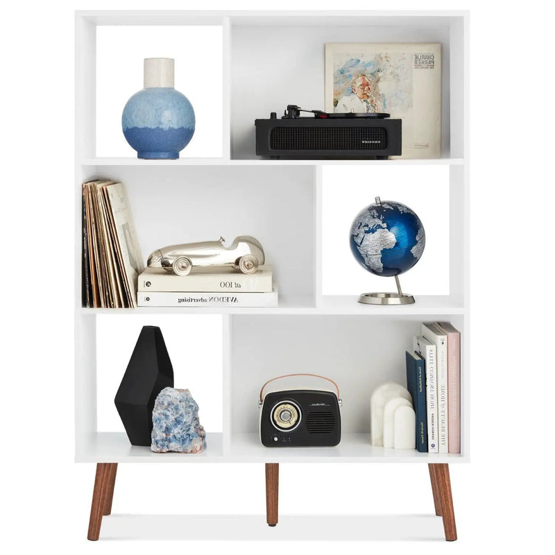 Mid Century Modern Style Bookcase Storage Shelving Unit in White Wood Finish by HomePacific