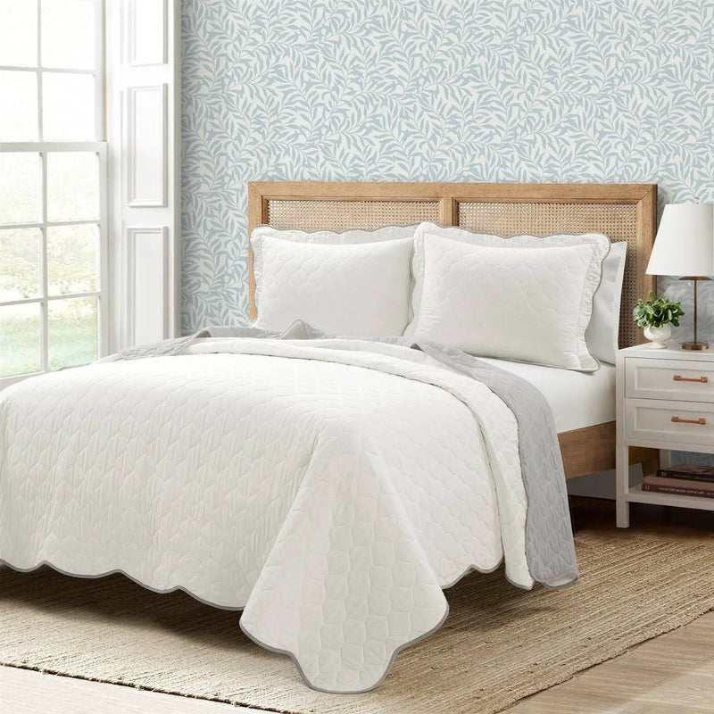 King/Cal King White Grey Scalloped Edge Reversible Thin Light Quilt Set by HomePacific