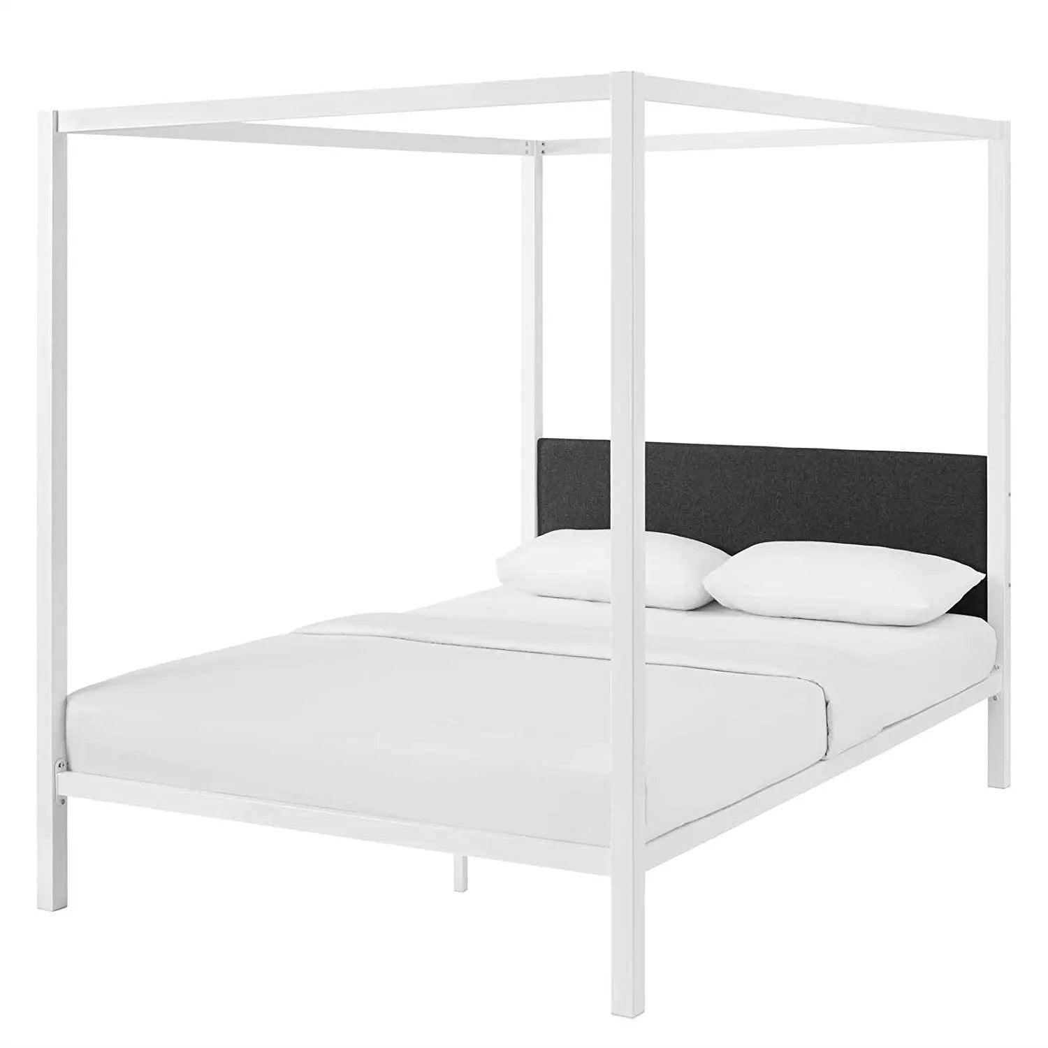 Queen size White Metal Canopy Bed Frame with Grey Fabric Upholstered Headboard by HomePacific
