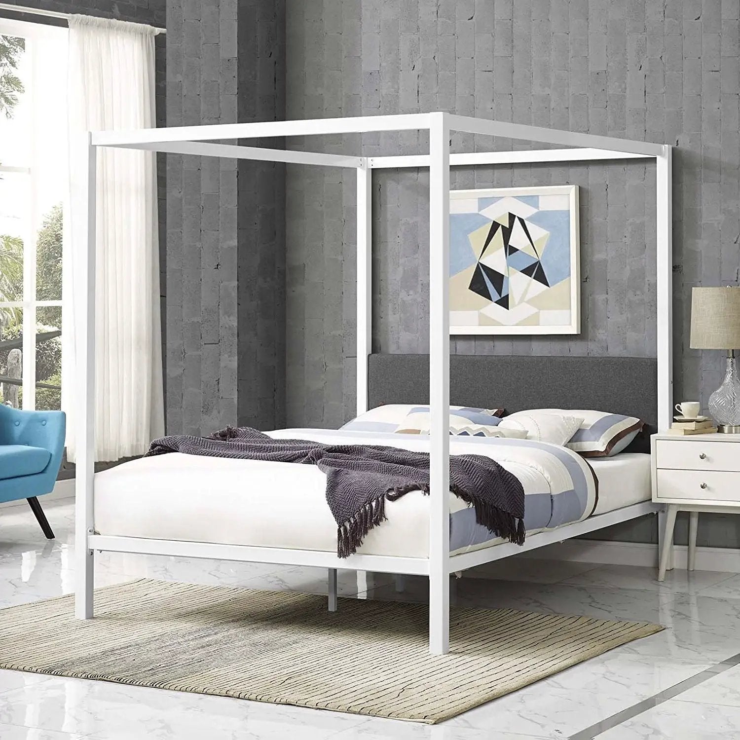 Queen size White Metal Canopy Bed Frame with Grey Fabric Upholstered Headboard by HomePacific