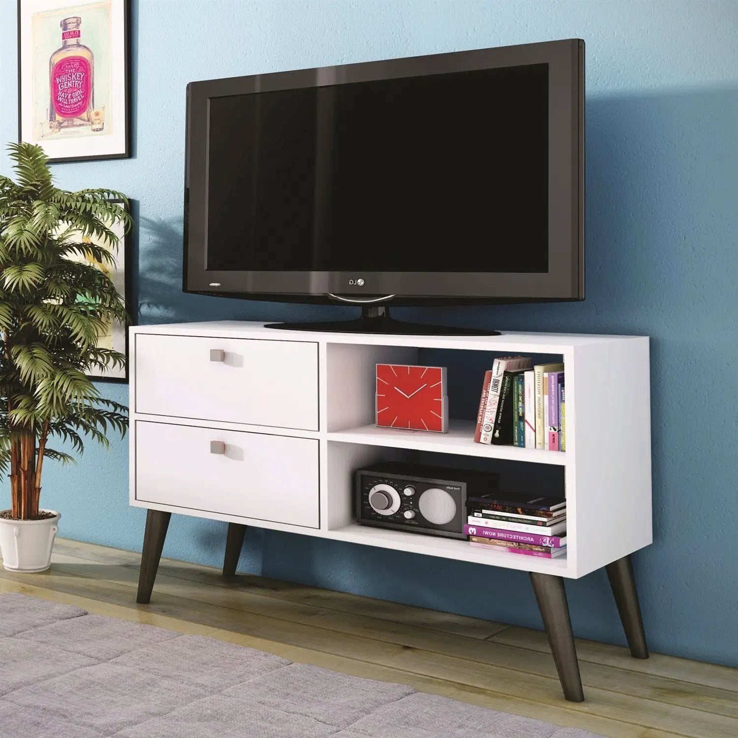 White Grey Wood Modern Classic Mid-Century Style TV Stand Entertainment Center by HomePacific