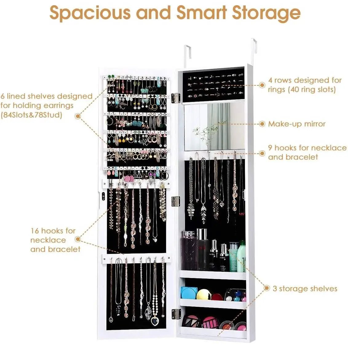 2-in-1 Wall or Door Mounted Jewelry Organizer Full Length Mirror in White by HomePacific