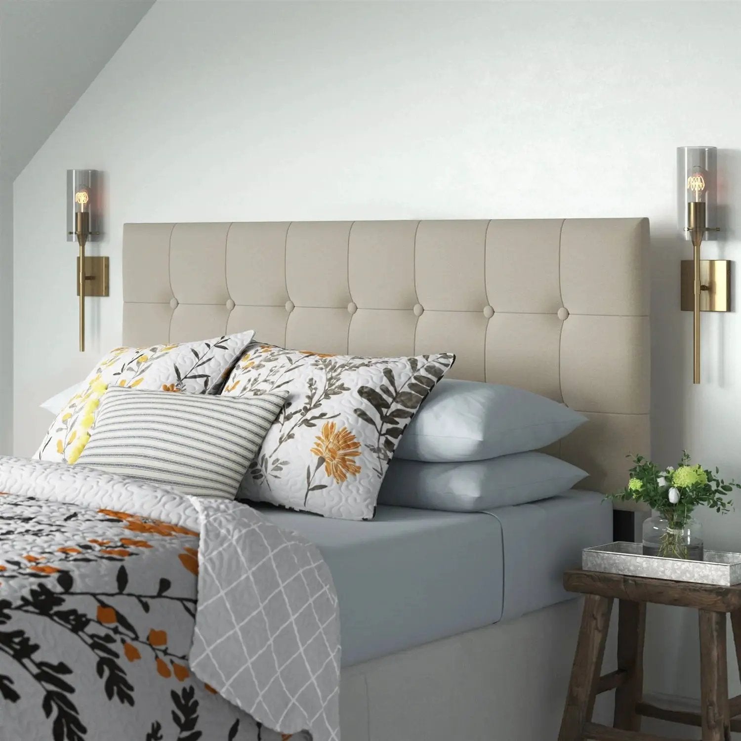 Twin Button-Tufted Headboard in Light Grey Taupe Beige Upholstered Fabric by HomePacific