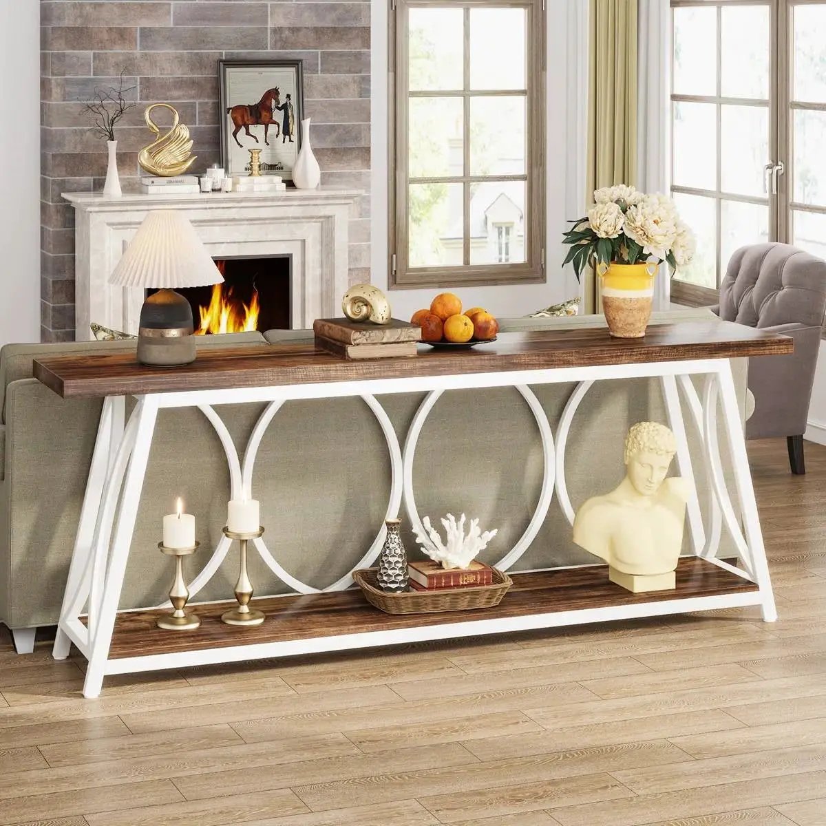 Industrial 70-inch Brown Wood Top Sofa Table with Heavy Duty White Metal Frame by HomePacific