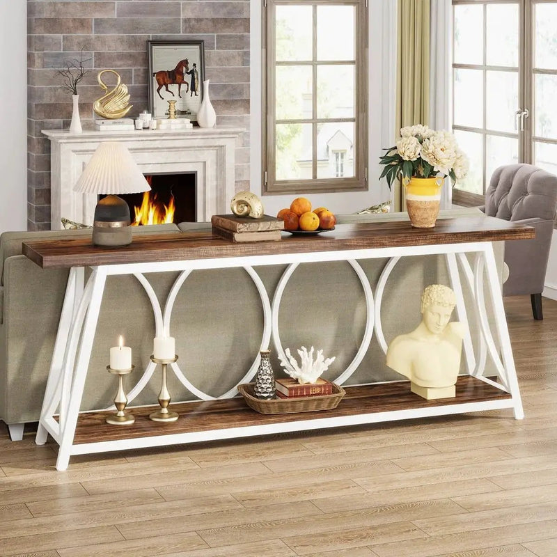 Industrial 70-inch Brown Wood Top Sofa Table with Heavy Duty White Metal Frame by HomePacific