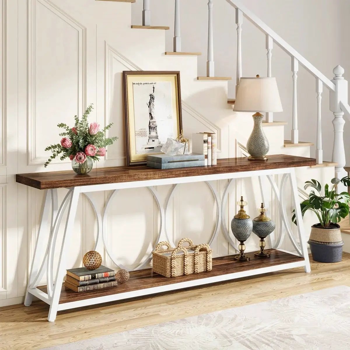 Industrial 70-inch Brown Wood Top Sofa Table with Heavy Duty White Metal Frame by HomePacific