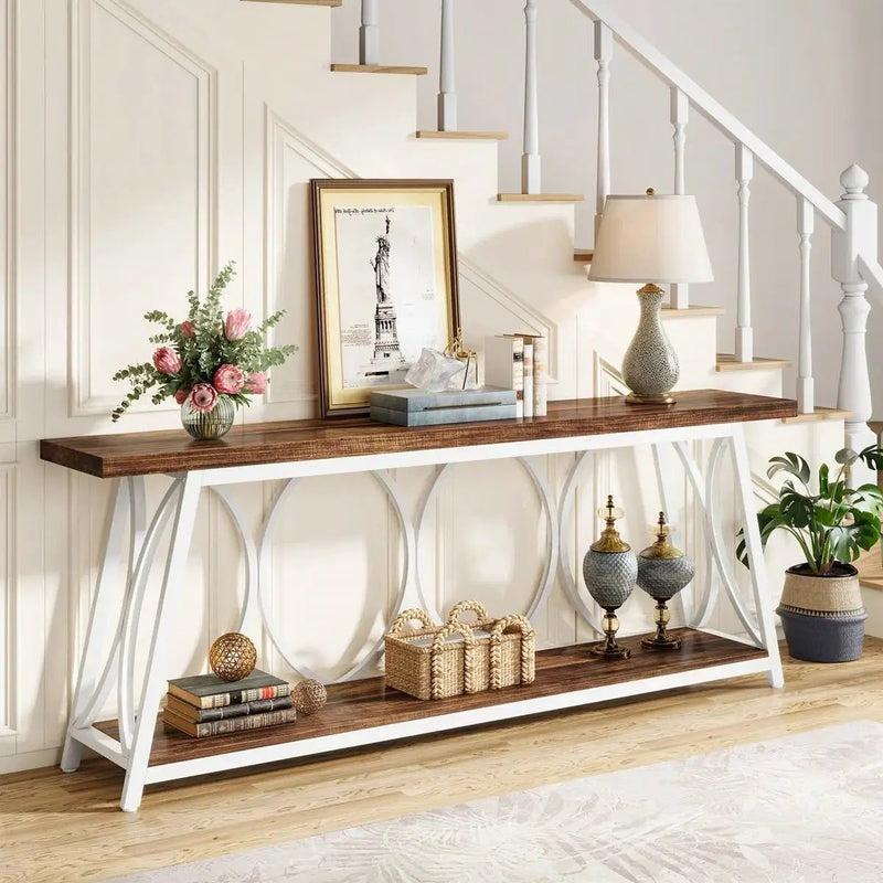 Industrial 70-inch Brown Wood Top Sofa Table with Heavy Duty White Metal Frame by HomePacific