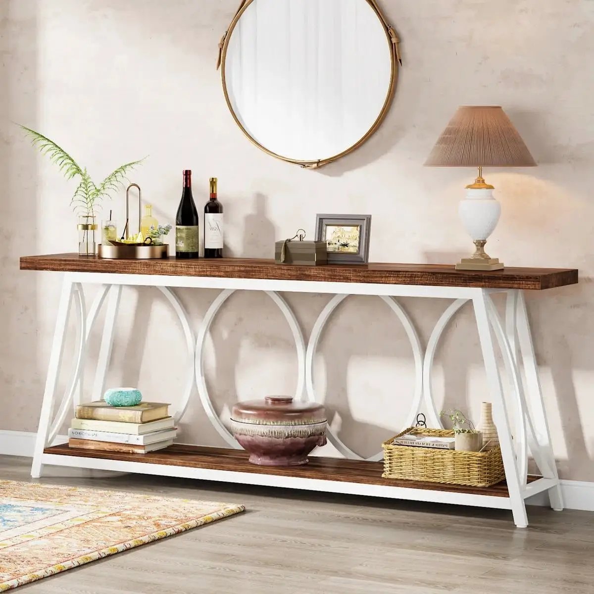 Industrial 70-inch Brown Wood Top Sofa Table with Heavy Duty White Metal Frame by HomePacific