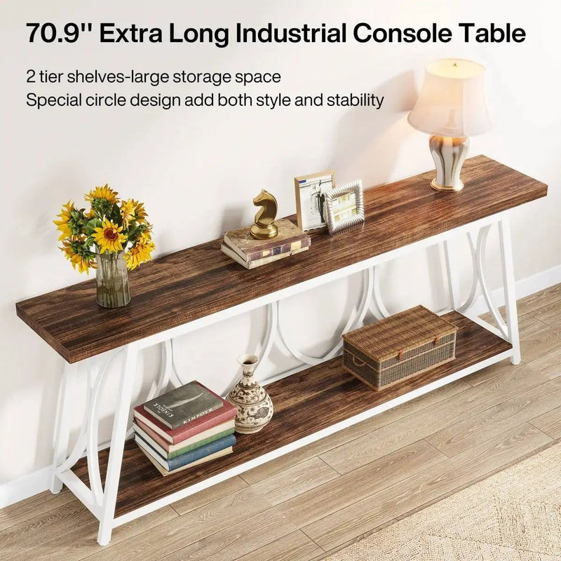 Industrial 70-inch Brown Wood Top Sofa Table with Heavy Duty White Metal Frame by HomePacific