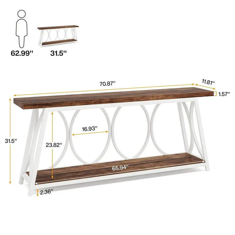 Industrial 70-inch Brown Wood Top Sofa Table with Heavy Duty White Metal Frame by HomePacific