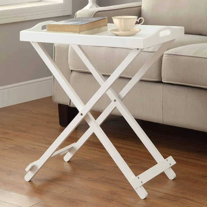 Folding TV Tray Bedside Table in White Wood Finish by HomePacific