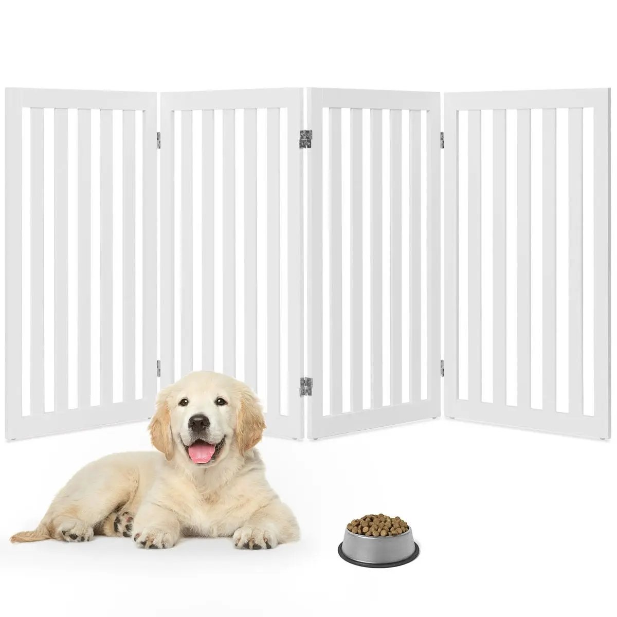 Folding 4-Panel Dog Gate Pet Fence in White Wood Finish by HomePacific