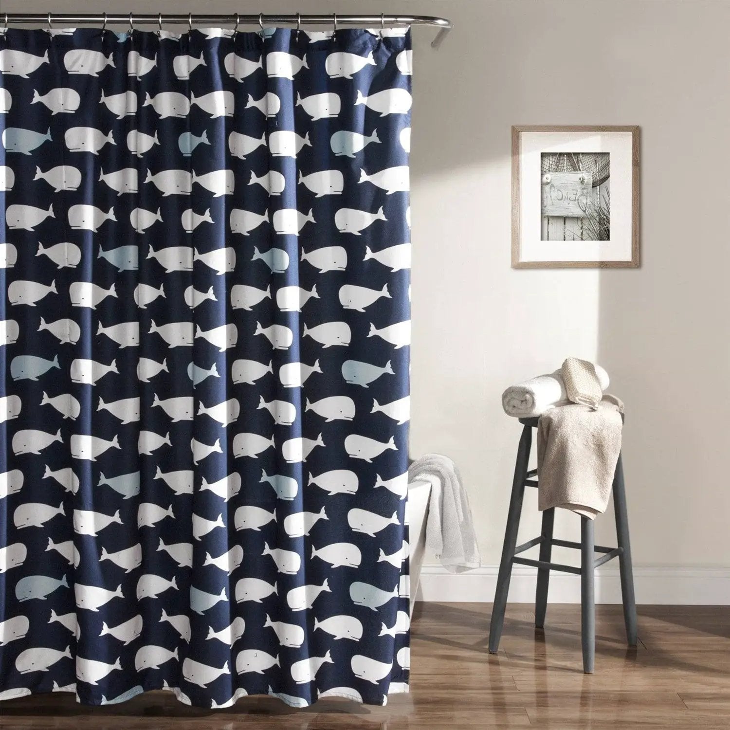72-inch Navy White Nautical Whales Polyester Shower Curtain by HomePacific
