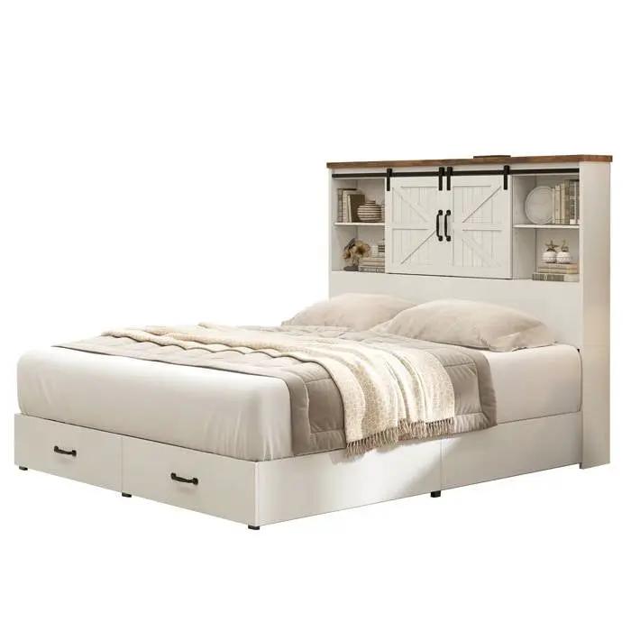 Full White Farmhouse Platform Bed with Bookcase Headboard and Storage Drawers by HomePacific