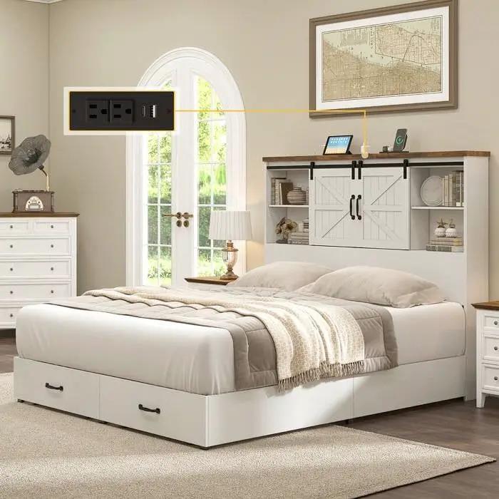 Full White Farmhouse Platform Bed with Bookcase Headboard and Storage Drawers by HomePacific