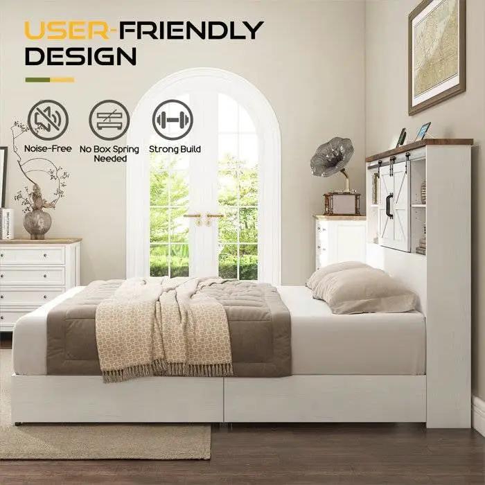 Full White Farmhouse Platform Bed with Bookcase Headboard and Storage Drawers by HomePacific