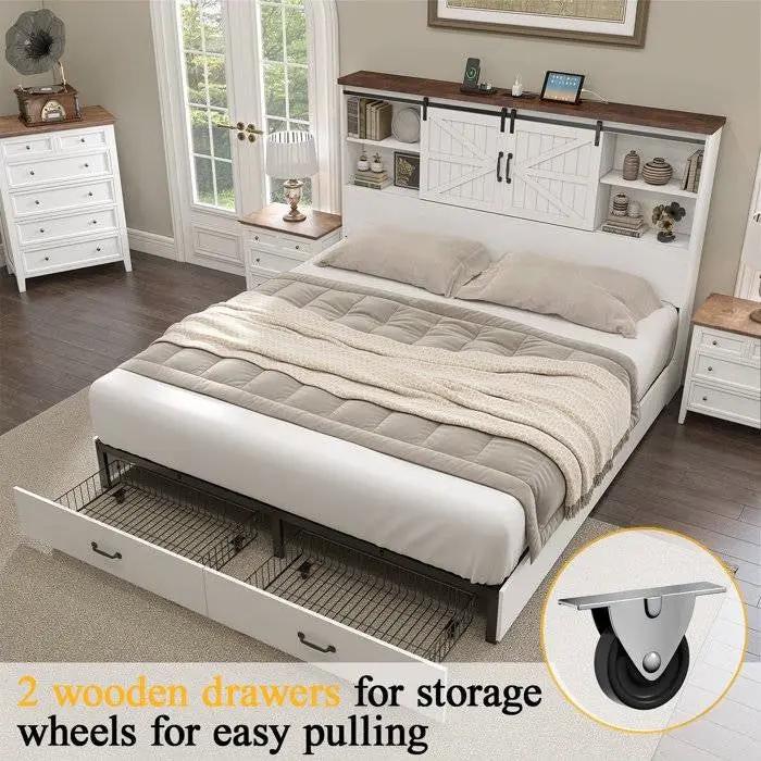 Full White Farmhouse Platform Bed with Bookcase Headboard and Storage Drawers by HomePacific