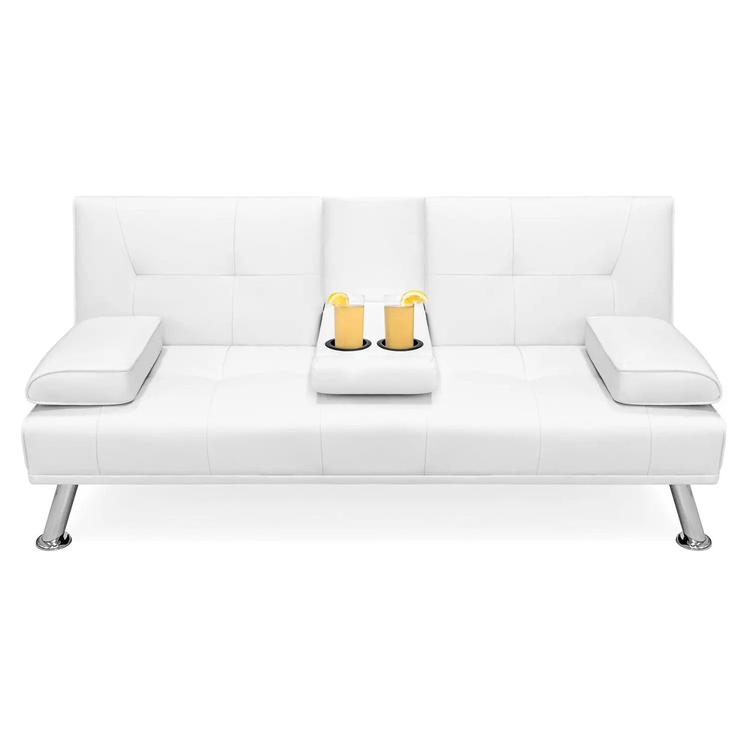 White Faux Leather Convertible Sofa Futon with 2 Cup Holders by HomePacific