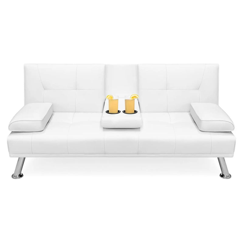 White Faux Leather Convertible Sofa Futon with 2 Cup Holders by HomePacific