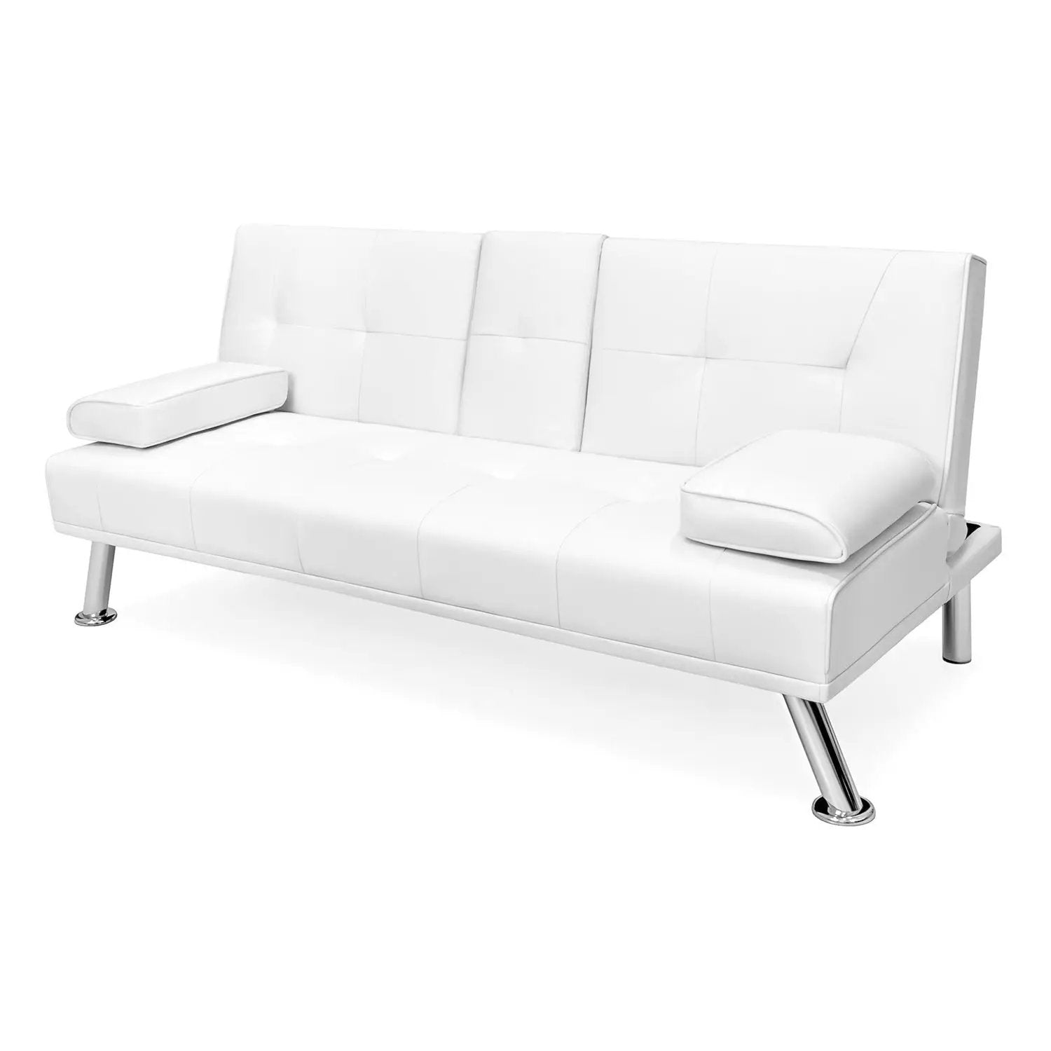 White Faux Leather Convertible Sofa Futon with 2 Cup Holders by HomePacific