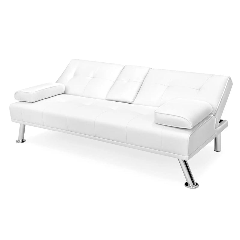 White Faux Leather Convertible Sofa Futon with 2 Cup Holders by HomePacific