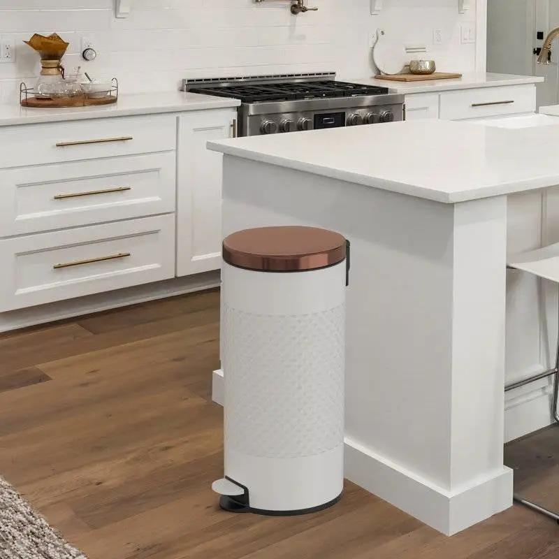 Hands Free White/Gold Metal Step On Trash Can - 8 Gallons by HomePacific