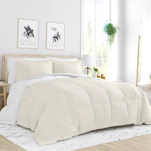Full/Queen size 3-Piece Microfiber Reversible Comforter Set in White and Cream by HomePacific