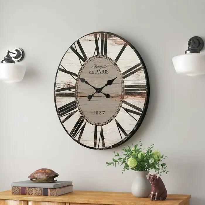 White Washed Oversized Distressed Paris Wood Wall Clock by HomePacific