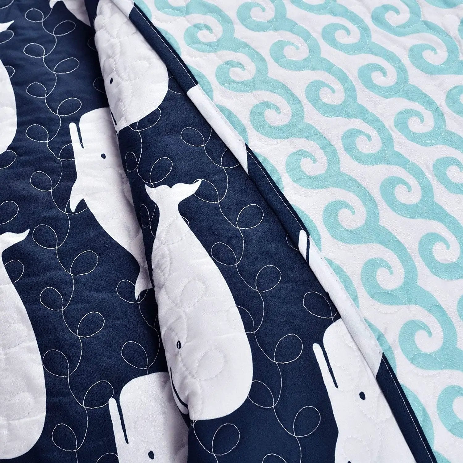 Full/Queen 5 Piece Bed In A Bag Navy Teal Microfiber Waves Whales Quilt Set by HomePacific