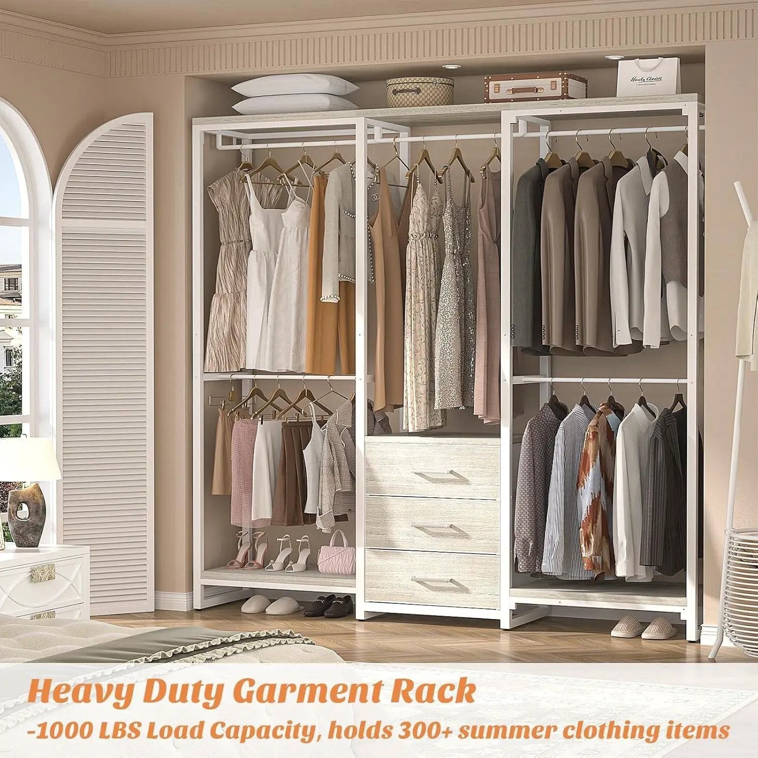 Heavy Duty White Metal Freestanding Garment Rack Closet Wardrobe with 3 Drawers by HomePacific