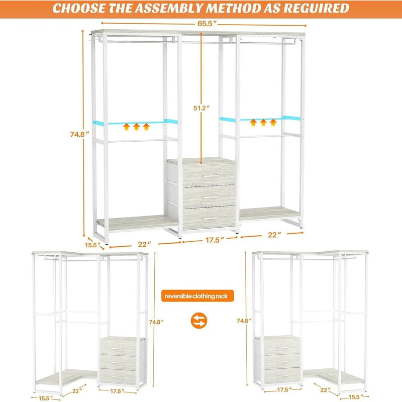 Heavy Duty White Metal Freestanding Garment Rack Closet Wardrobe with 3 Drawers by HomePacific