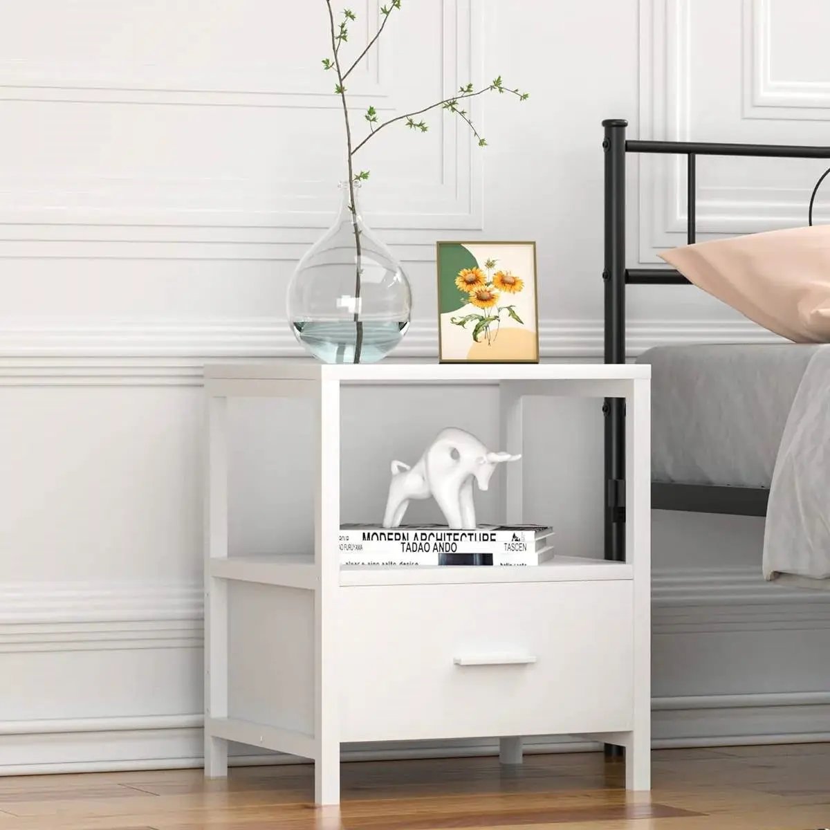 Set of 2 - Modern White Metal Wood Side End Table Nightstand with Storage Drawer by HomePacific