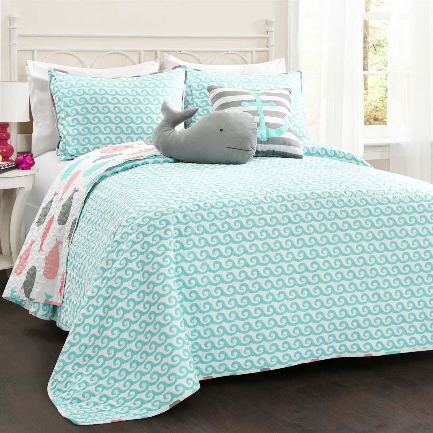 Full/Queen 5 Piece Microfiber Quilt Set in Teal Pink Aqua Waves Whale Pattern by HomePacific