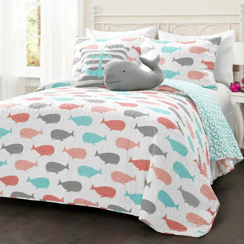 Full/Queen 5 Piece Microfiber Quilt Set in Teal Pink Aqua Waves Whale Pattern by HomePacific
