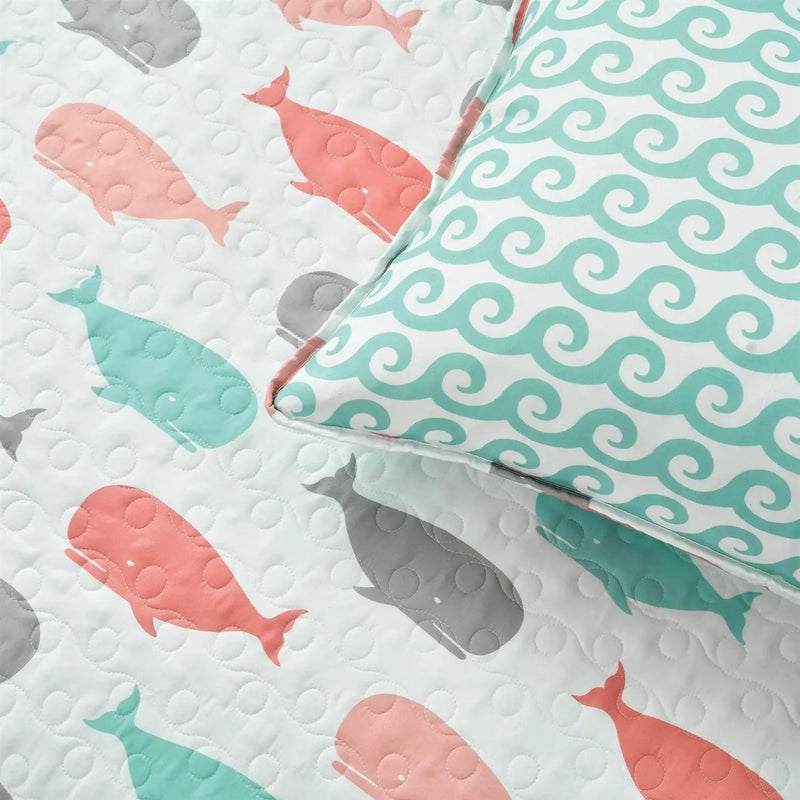 Full/Queen 5 Piece Microfiber Quilt Set in Teal Pink Aqua Waves Whale Pattern by HomePacific