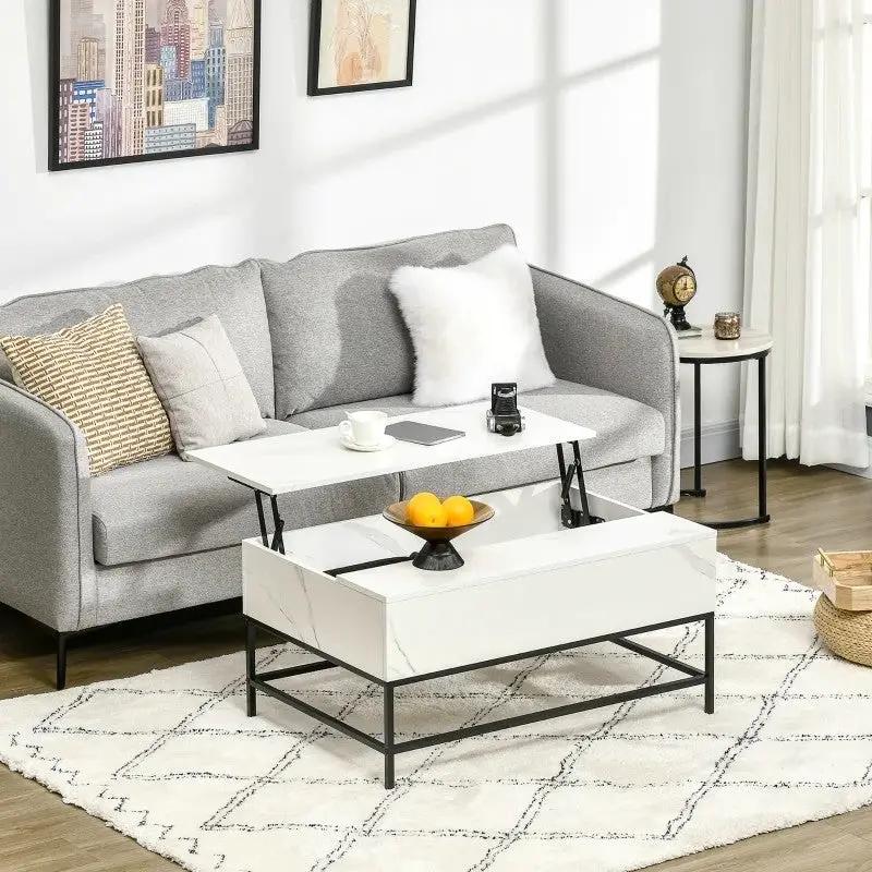 Modern White Lift Top Coffee Table w/ Hidden Storage Black Metal Legs by HomePacific