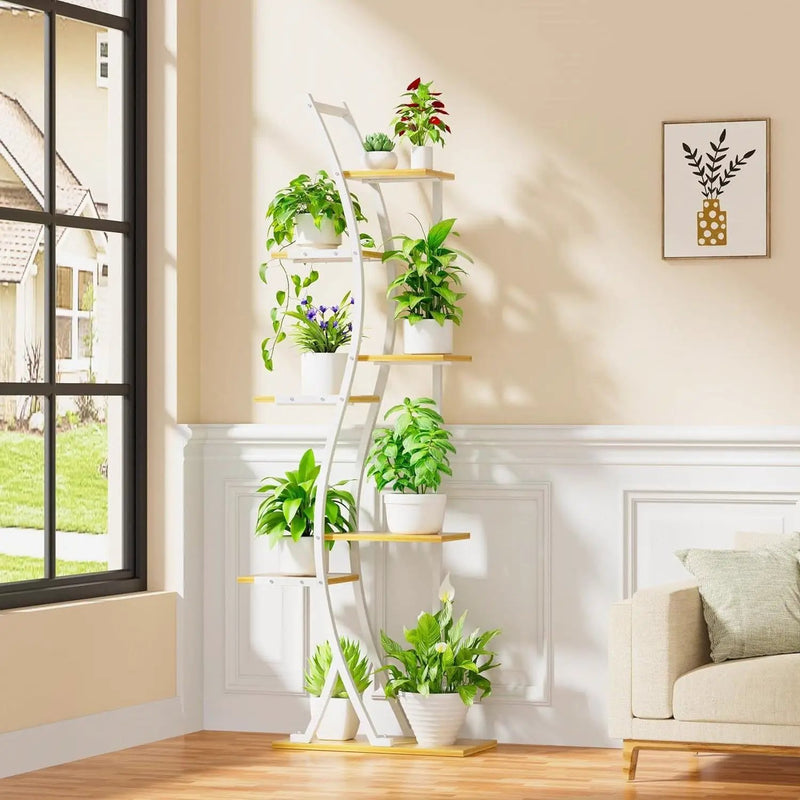 63-inch Tall Indoor Plant Stand with White Metal Frame and Wood Finish Shelves by HomePacific