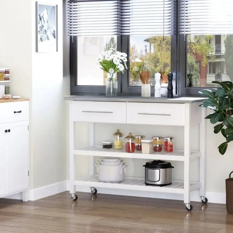 White Rolling Kitchen Island 2 Drawers Storage with Stainless Steel Top by HomePacific