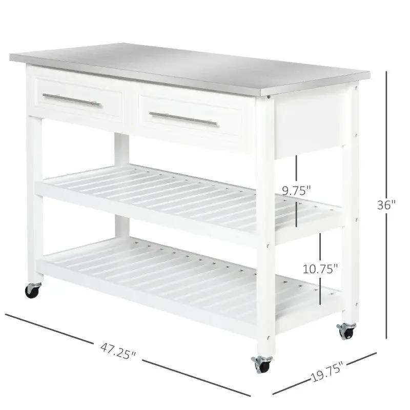 White Rolling Kitchen Island 2 Drawers Storage with Stainless Steel Top by HomePacific