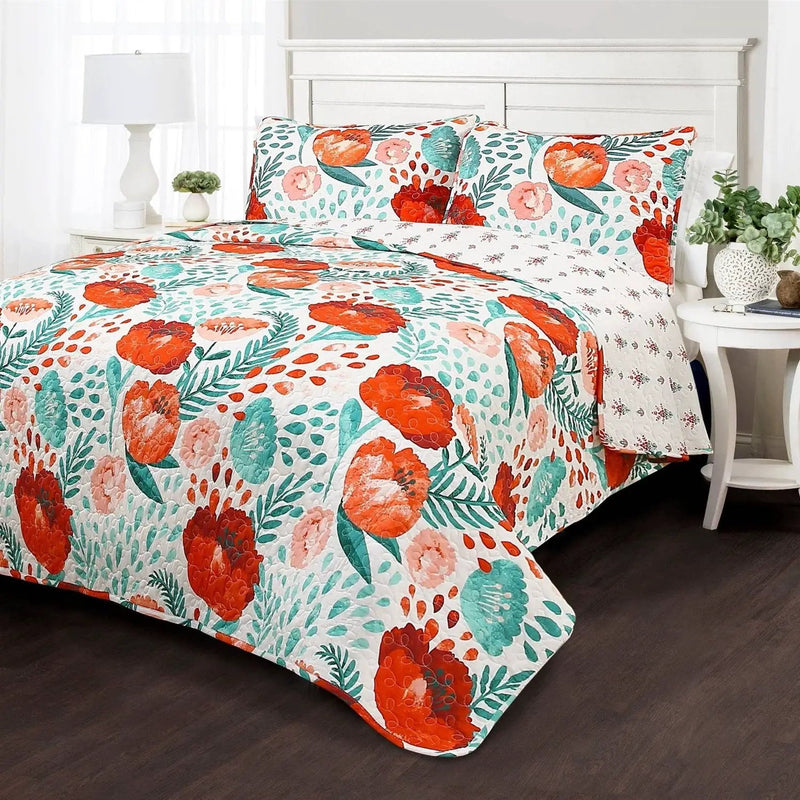 Full/Queen Red Poppy Flower White Teal Lightweight 3 Piece Cotton Quilt Set by HomePacific