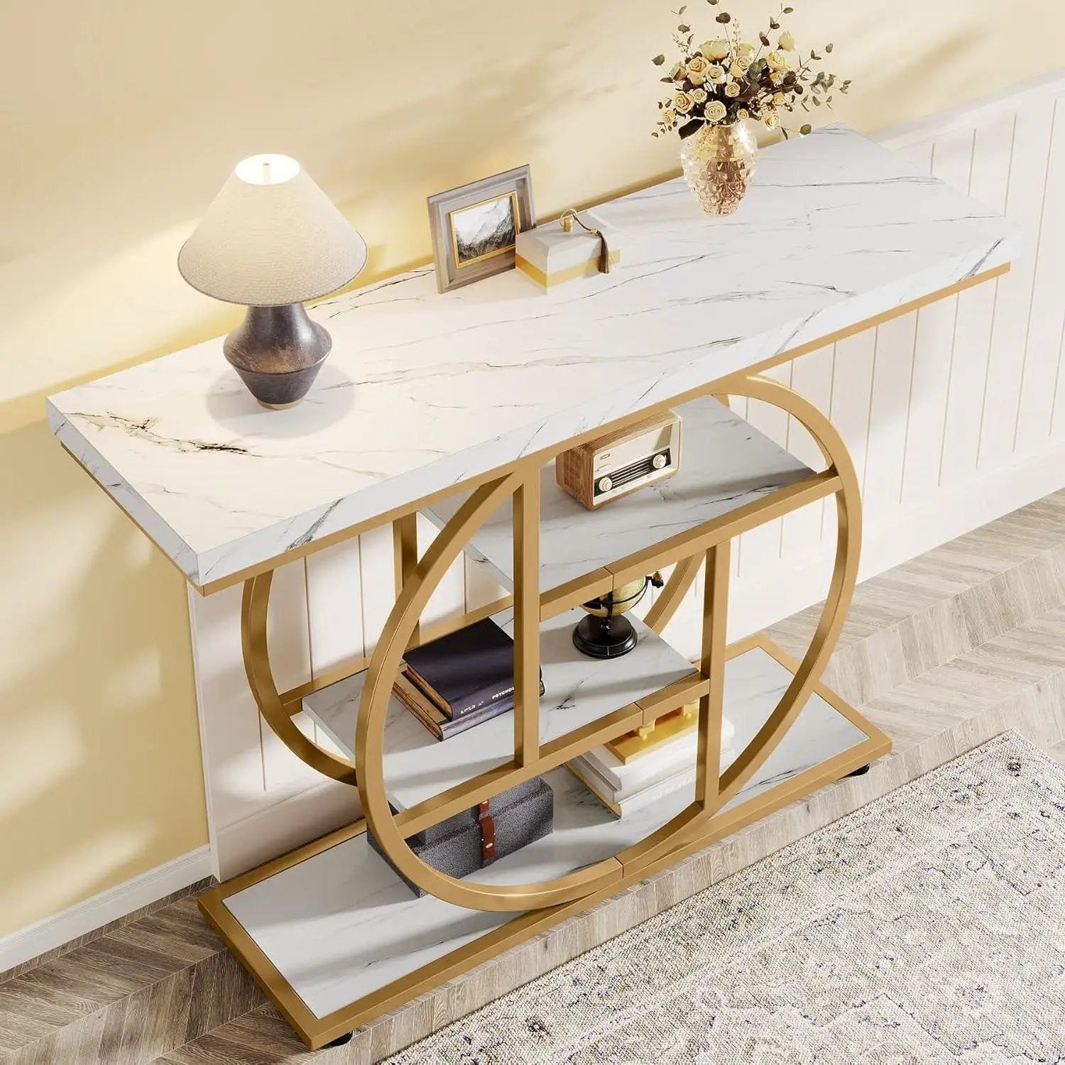 Modern Round Gold Metal Frame Foyer Console Table with White Faux Marble Shelves by HomePacific