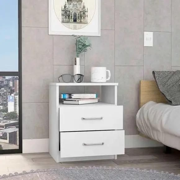 Modern 2-Drawer Nightstand with Open Shelf in White Wood Finish by HomePacific