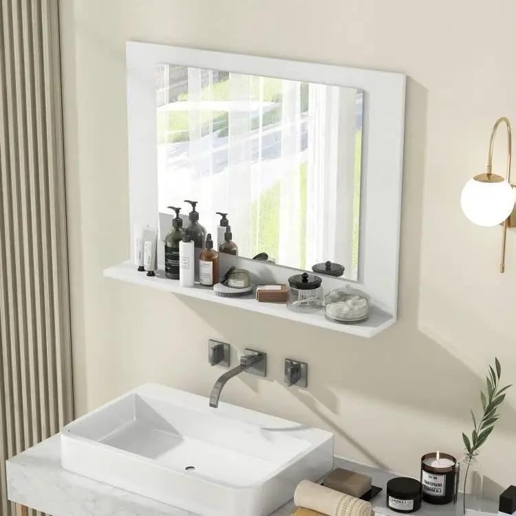 Rectangular Bathroom Wall Mirror with Storage Shelf and White Wood Frame by HomePacific